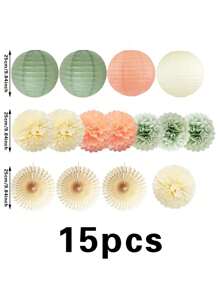 15pcs Ivory & Green Paper Lantern Set, Wedding & Party Decorations,Christmas - Multicolor - View 2