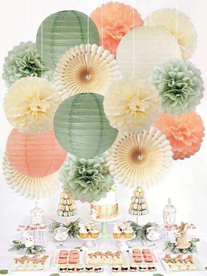 15 قطعة طقم فوانيس ورقية عاجية وخضراء ، للزفاف والحفلات والأعياد