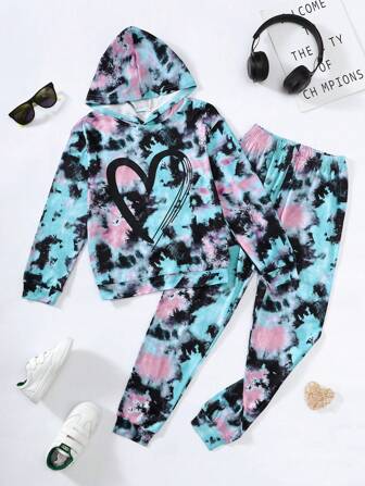 2pcs/Set Tween Girl Asymmetrical Tie Dye Hooded Sweatshirt And Pants, For 8-12 Years Old, Autumn/Winter
