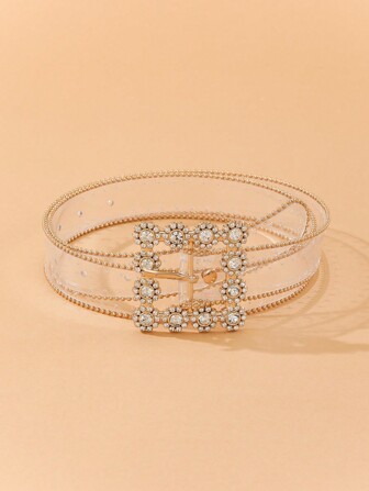 1條流行女士腰帶，鑲嵌鑽石裝飾和三級圓形扣設計，適合穿裙子或牛仔褲