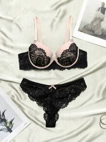 مجموعة من قطعتين، سدادة صدر ذات حافة معدنية وسروال داخلي من القماش والدانتيل للملابس الداخلية للسيدات - الأسود - مشاهدة 1