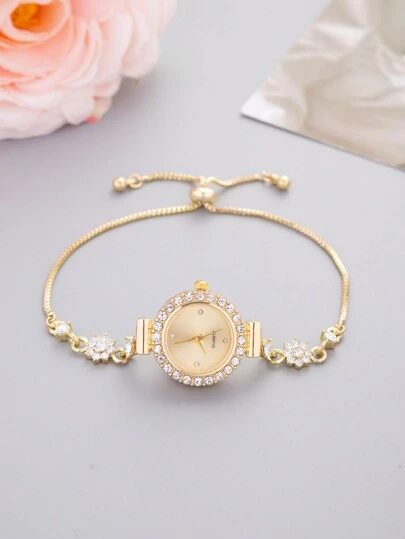 New Casual Fashion Gold Watch For Women, Lovely Round Dial With Crystal Stones, Luxurious Rhinestone Alloy Quartz Bracelet Watch Band, Gift As A Gift For Students Returning To School