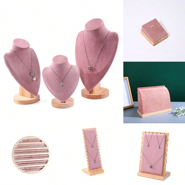 1pc Pink Series Jewelry Display Stand Holder Wood Model Bust Pendant Necklace Bracelet Earrings Ring Storage Rack Counter Jewellery Organizer Back To School