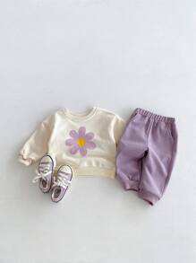 Miniweenns 2pcs/Set Baby Girl Casual Colorblock Large Floral Print Long Sleeve Sweatshirt Set, Autumn - Multicolor - View 11