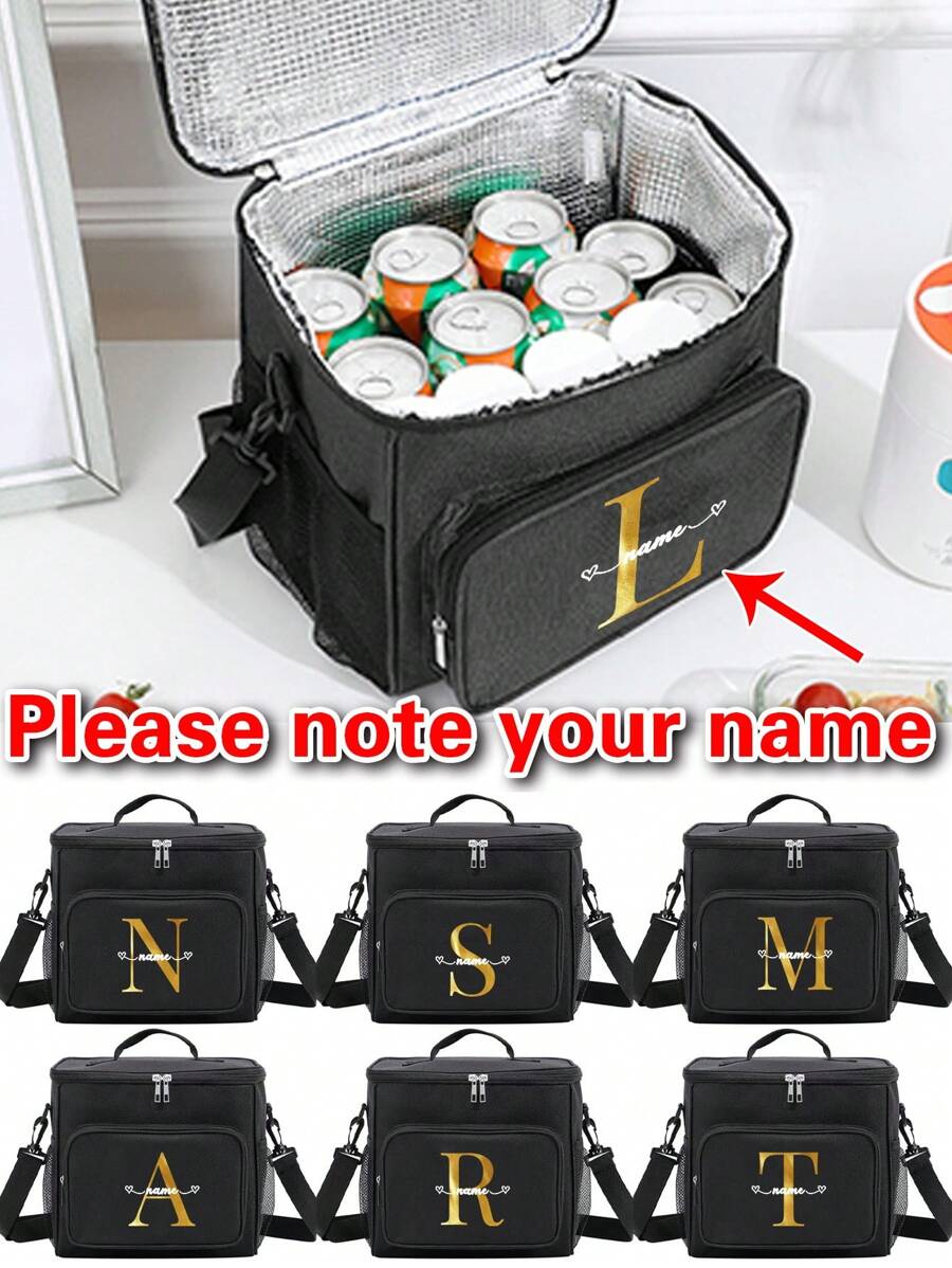 1pc Customized Crossbody Lunch Bag Personal Tailor Large Capacity Waterproof Cooler Handbags Personalized Custom Name Pattern Men Student Thermal Lunch Bags With Side Pockets Crossbody Bag Shoulder Bag Initials A To Z Letter Bear Pattern Portable Canvas Food Tote Bag Organizer Food Bag School Women Shoulder Insulated Lunch Bag Picnic Bag Fridge Bag Insulating Lunch Box Bag For Office For Work - Black - View 1