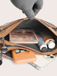 時尚多彩拼接PU皮革女士單肩袋，商務休閒防水上下班斜跨包，多層隔間手機單肩袋，戶外旅行假日化妝品收納信差袋 - 彩色 - 查看 6