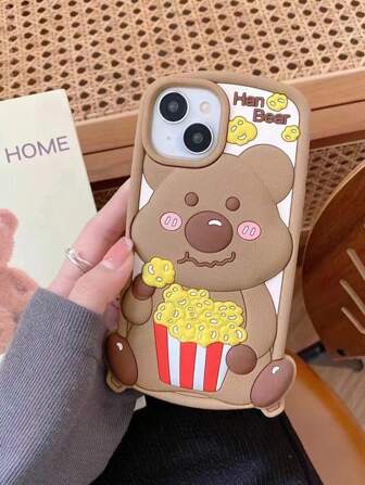 创意卡通硅胶 3D 爆米花熊涂层 PU 皮革纹理保护手机壳适用于 Apple 11/12/13/14/15 Pro Max