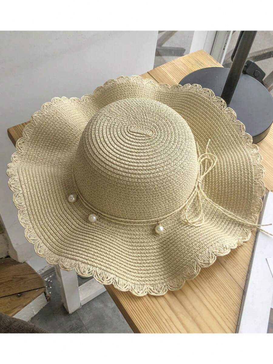 1pc Women's Straw Hat, Korean Version, Casual & Versatile, For Traveling, Sun Protection, Beach, Vacation, Fisherman Style - Pearl Straw Hat - View 1