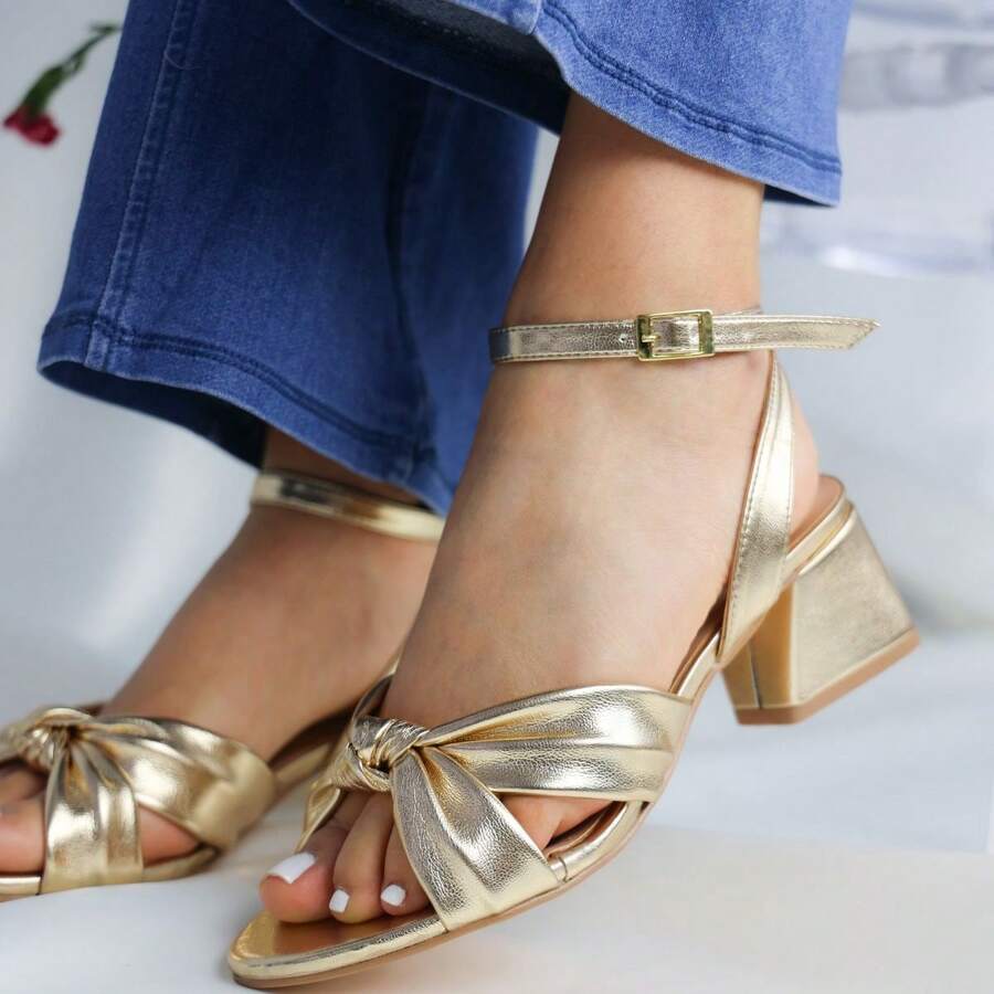 Zapatos De Tacón Bajo Para Mujer, Zapatos De Tacón Alto Grueso Plateados Y Con Tiras Para Fiestas Y Bailes - Dorado - Ver 1