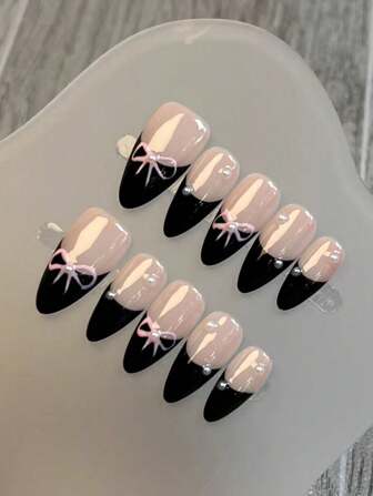 10Pcs Handmade French Almond Manicure, Hand-Painted Bow Black Pink Fresh Manicure, Gentle Elegant High Quality French Full Coverage False Nails Press On Nails Nail Supplies Nails