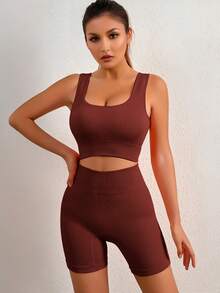 Conjunto Deportivo Top y Short para Mujer | Conjunto Deportivo para Mujer | Ropa Deportiva para Mujer - Café integral - Ver 3