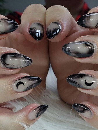 24Pcs Long Pointed Nails Ice Transparent Ink Smudge Moon Design Nail Art Set Long Press Nails Suitable For Women And Girls Nail Supplies Nails