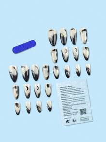 24 件长尖头指甲冰透明墨水晕染月亮设计美甲套装长压指甲适合女性和女孩美甲用品指甲 - 黑色 - 查看 2