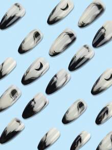 24 件长尖头指甲冰透明墨水晕染月亮设计美甲套装长压指甲适合女性和女孩美甲用品指甲 - 黑色 - 查看 3