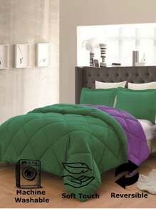 3PC Reversible 2-Tone Comforter Set With 2 Pillow Shams - 2 Different Colors! Duvet Insert - Hunter Green & Purple - View 4