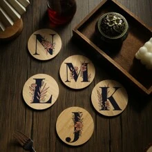 1pc Alphabet Painted Bamboo Coaster, Non-Slip Heat-Resistant Mat, Home Dining Decor, Gift Accessory Set