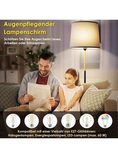 Vloer Lamp Linen Lampshade, E27 Base, Max. 60W, Living Room Lamp, Fabric Shade 170cm Height Room, Bedroom, Study, Office, out Bulb view 2