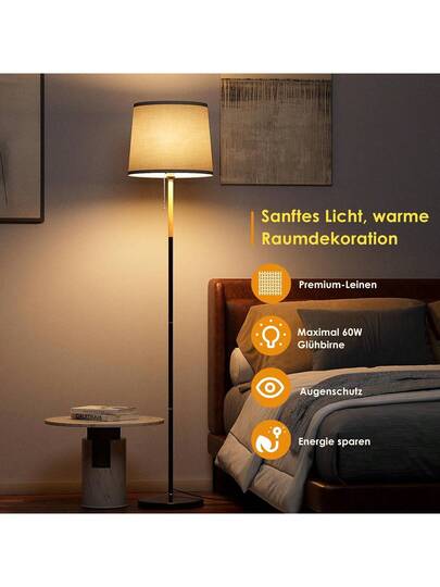 Vloer Lamp Linen Lampshade, E27 Base, Max. 60W, Living Room Lamp, Fabric Shade 170cm Height Room, Bedroom, Study, Office, out Bulb view 7