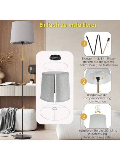 Vloer Lamp Linen Lampshade, E27 Base, Max. 60W, Living Room Lamp, Fabric Shade 170cm Height Room, Bedroom, Study, Office, out Bulb view 5