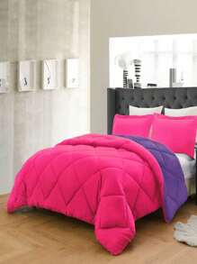 3PC Reversible 2-Tone Comforter Set With 2 Pillow Shams - 2 Different Colors! Duvet Insert - Purple & Hot Pink - View 3