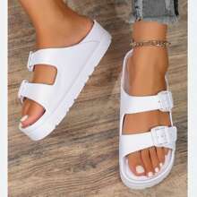 Womens Sandals Fashion Waterproof Adjustable Double Buckle Beach Slide Comfortable EVA Flat Shoes - 白色 - 查看 6