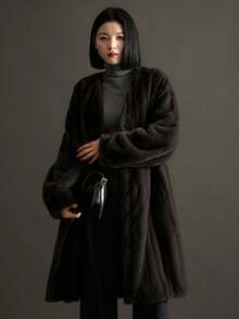 Medium Length V-Neck Women's Coat Made Of Cashmere - Dark Grey - View 2