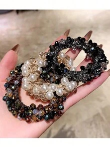 Party 3pcs/1pc Women's Multicolor Faux Pearl & Rhinestone Beaded Hair Tie, Wrist Band, Luxury Style Bracelet Hair Band, Hair Accessories Accessories