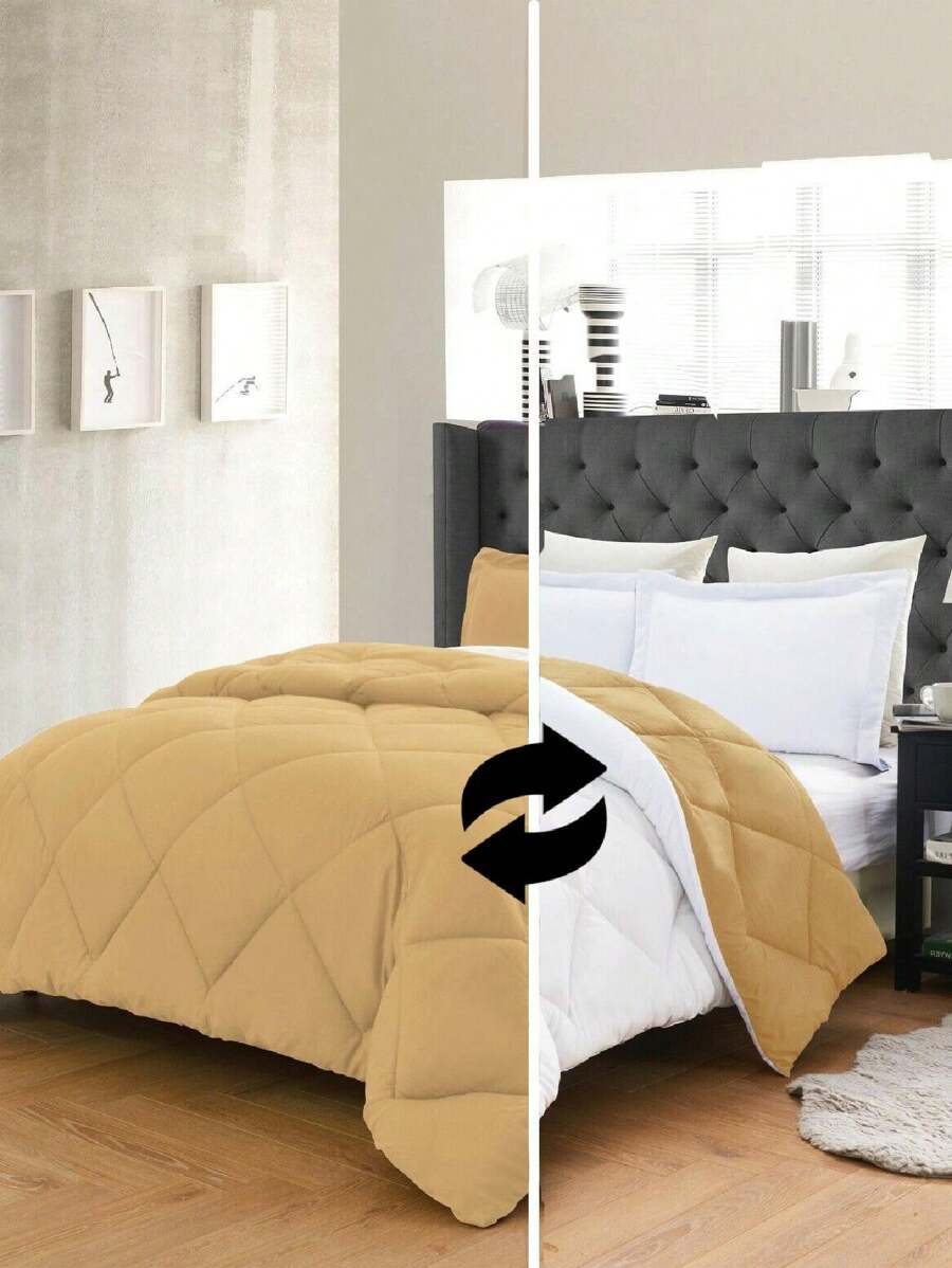 3PC Reversible 2-Tone Comforter Set With 2 Pillow Shams - 2 Different Colors! Duvet Insert - White & Gold - View 1
