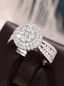 1pc Luxury Round Cubic Zirconia Inlaid Ring, Exquisite Engagement/Wedding Jewelry Accessory