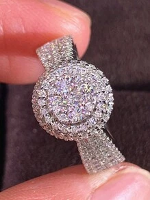 1pc Luxury Round Cubic Zirconia Inlaid Ring, Exquisite Engagement/Wedding Jewelry Accessory