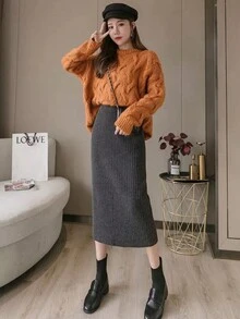 Women's Knitted A-Line Slit Skirt Straight Midi Skirt Hip Covering Skirt/SSJ202 - 灰色 - 查看 3