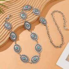 Dây thắt lưng chạm khắc hình bầu dục cổ điển, Dây thắt lưng kim loại bạc Bohemian dành cho nữ, Dây thắt lưng Kangqiao cổ điển, Trang sức cơ thể trang trọng có thể điều chỉnh cho Halloween mùa thu, Mùa thu, Halloween - Bạc - Xem 3