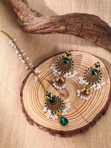 Set de 3 piezas Nuevo Estilo Bohemio Conjunto de Joyería de Mujer: 1 pieza Cadena de Frente Decorada con Rhinestones de Vidrio en Verde/Rojo/Negro1 piezaar de Aretes con Forma de Campana Elegantes, Regalo de Navidad Perfecto para Amigos