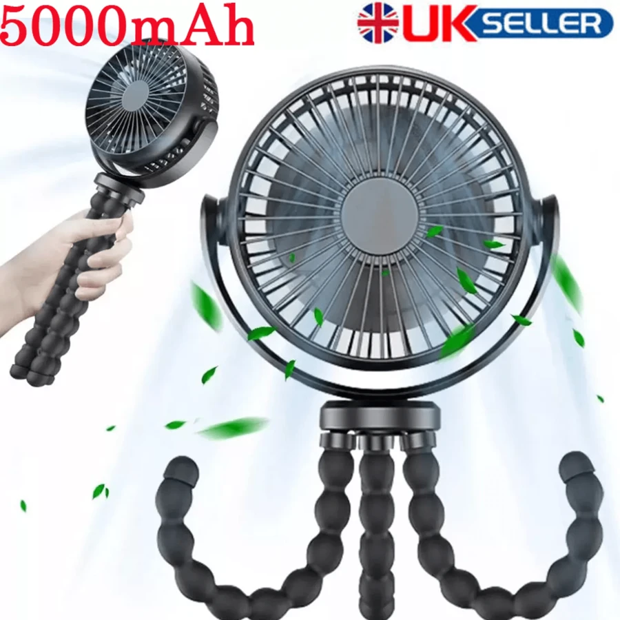 5000mA Clip On Fan USB Rechargeable Mini Cooling Desk Baby Stroller Portable NEW