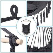 Hammock Chair Macrame Swing,Distinctive Cotton Canvas Hanging Rope Chair With Pillows For Indoor And Outdoor Use - 黑色 - 查看 8