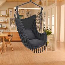 Hammock Chair Macrame Swing,Distinctive Cotton Canvas Hanging Rope Chair With Pillows For Indoor And Outdoor Use - 黑色 - 查看 5