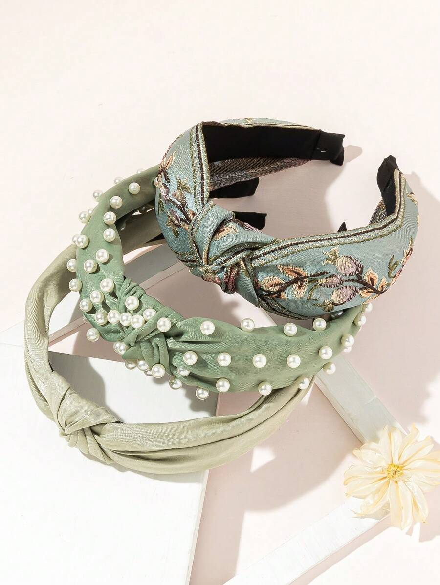 3pcs Style Crochet Flower & Solid Color Wide Headband With Faux Pearl For Beach Vacation Boho - Multicolor - View 1