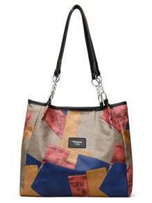 Women's Fashionable Multifunctional Large Capacity Leather Tote Bag, Color Block 3D Design, Chain Decoration, Suitable For Shopping And Strolling