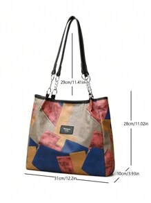 Women's Fashionable Multifunctional Large Capacity Leather Tote Bag, Color Block 3D Design, Chain Decoration, Suitable For Shopping And Strolling