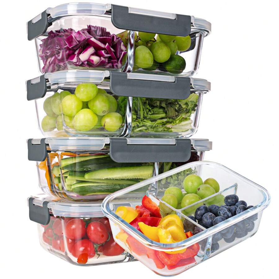 Glass Meal Prep Containers, 5-Pack 3 Compartments Meal Prep Containers Glass With Lids, 35oz Meal Prep Containers Reusable, Bento Box Adult Lunch Box For Freezer & Ovens