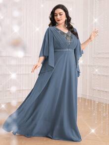 Váy phù dâu tay áo màu trơn có trang trí đính đá, đơn giản và thích hợp để mặc hàng ngày - Màu xanh bụi bặm - Xem 5