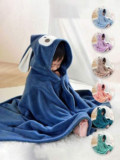 Cute Cartoon Long Ear Monkey Design Coral Fleece Soft Absorbent Hooded Baby & Toddler Wearable Bath Towel Cape, 1pc