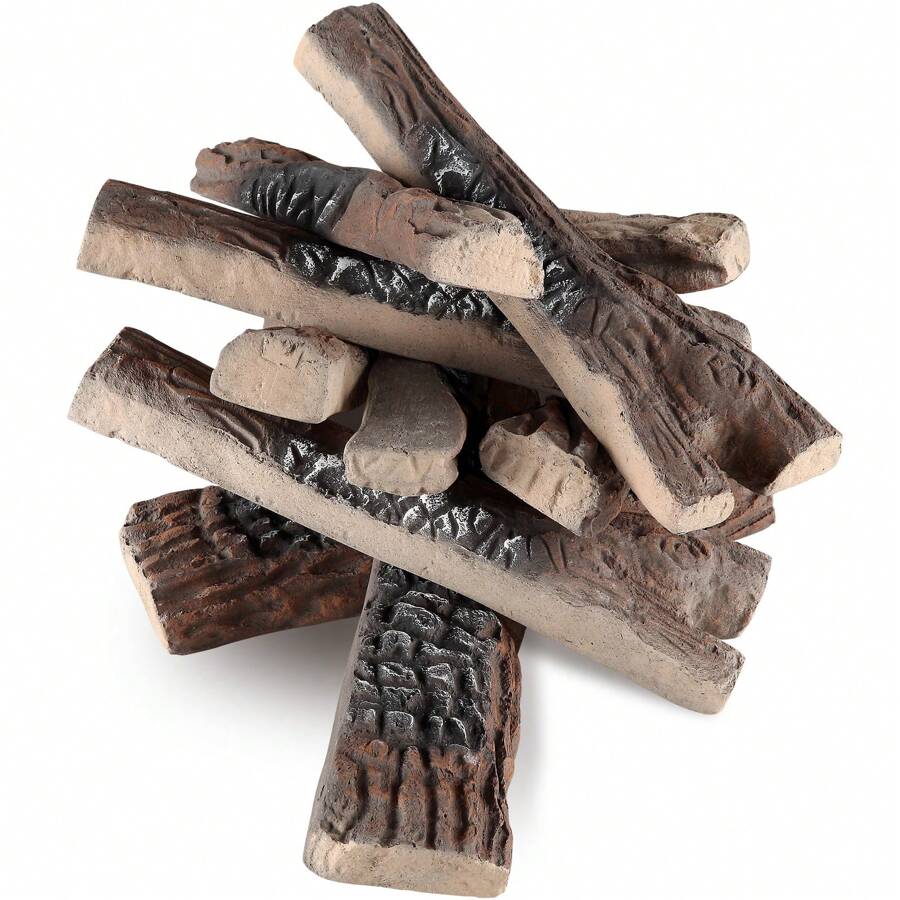 10 Pcs Gas Fireplace Logs, Large Ceramic Logs For Fireplace Decorative, Heat-Resistant Wood Log Gas Realistic Logs, Stackable Wood Branches For Gas Fireplace, Firebowl Indoor Or Outdoor - 棕色 - 查看 1