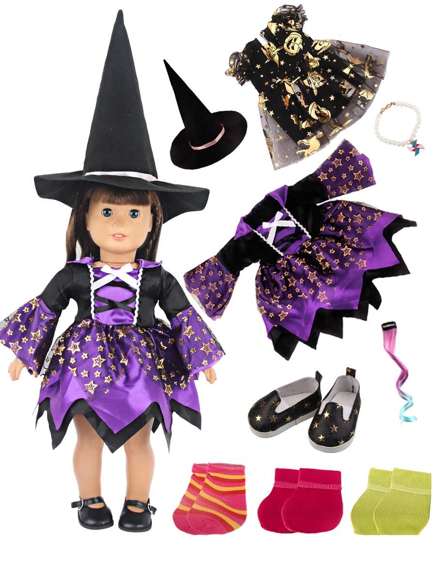 1 conjunto de atuendo de muñeca de Halloween, apto para muñecas bebé renacidas de 18 pulgadas, vestido con estampado de estrella/calabaza, accesorios para muñecas, calcetines para muñecas - conjunto de ropa de halloween - Ver 1