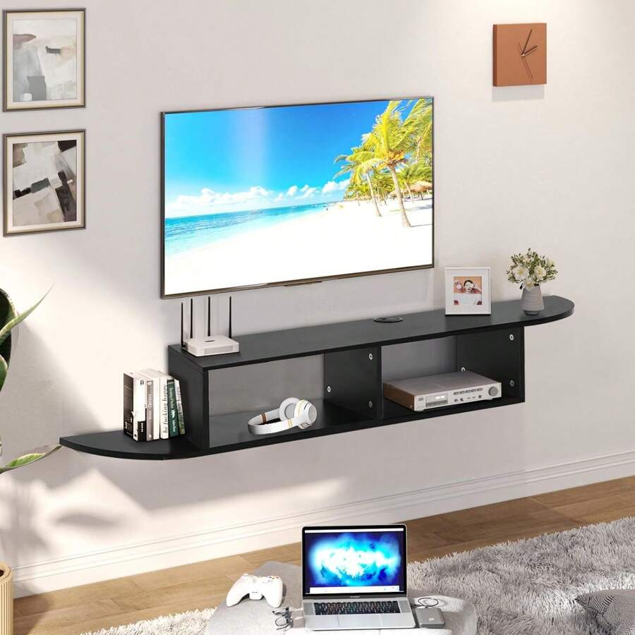 Floating TV Stand, 55" Floating TV Shelf With Storage, Floating Entertainment Center Wall Shelf For Living Room, Bedroom, Black/Gray/Walnut - 黑色 - 查看 1