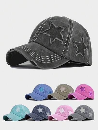 1pc Ladies' Embroidered 5-Pointed Star Washed Ponytail Distressed Baseball Cap, Sun Protection Leisure Hat Suitable For Spring/Autumn Travel, Beach Holidays, Men's Sun Hat, Y2K Style Youth Hat