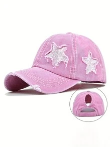 1st dambroderad 5-uddig stjärntvättad hästsvans nödställd baseballkeps, solskyddande fritidshatt Lämplig för vår/höstresor, strandsemester, solhatt för män, Y2K-stil ungdomshatt - broderi - Visa 4
