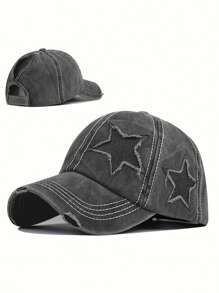 1st dambroderad 5-uddig stjärntvättad hästsvans nödställd baseballkeps, solskyddande fritidshatt Lämplig för vår/höstresor, strandsemester, solhatt för män, Y2K-stil ungdomshatt - broderi - Visa 5