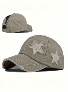 1st dambroderad 5-uddig stjärntvättad hästsvans nödställd baseballkeps, solskyddande fritidshatt Lämplig för vår/höstresor, strandsemester, solhatt för män, Y2K-stil ungdomshatt - broderi - Visa 7