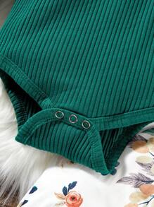 Hibobi Baby Girl Solid Color Bodysuit And Floral Print Pants And Headband